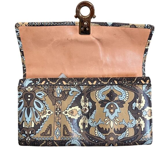 Uterque Brown, Tan, Blue Sheepskin Multipocket Geometric Floral Clutch Wallet - Picture 2 of 10